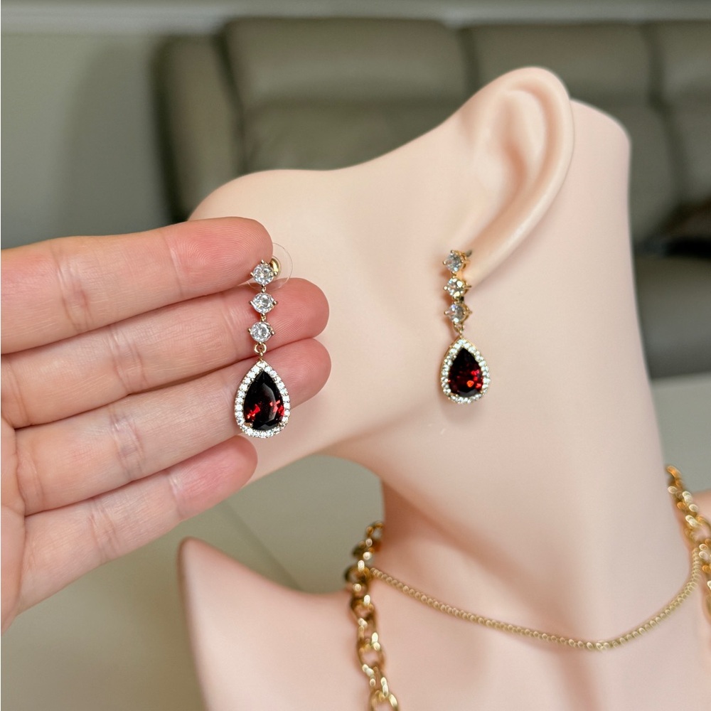 Elegant Gold Drop Earrings with Garnet Red Teardrop Zirconia - Picture 10 of 15
